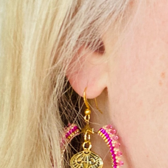 HANDMADE Hoop Beaded Boho Dangle Pink Earrings - Picture 6 of 7